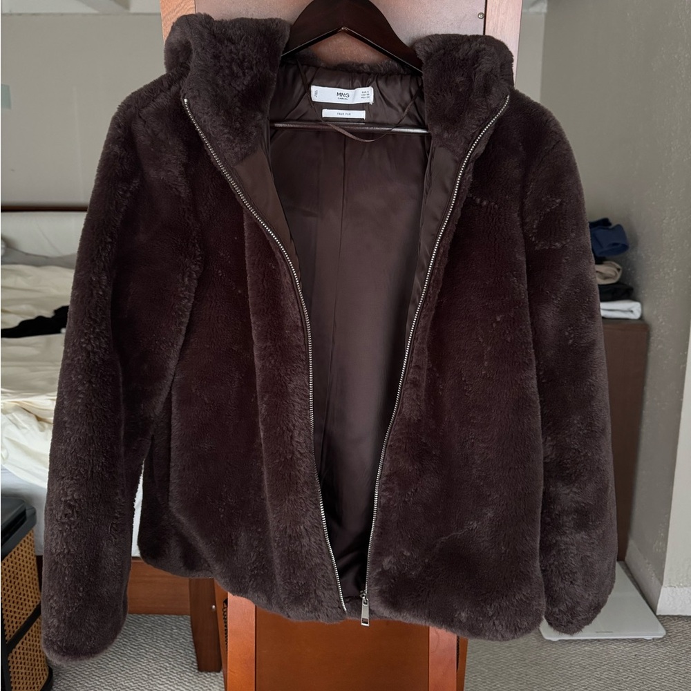 Mango - Brown Faux Fur Hooded Jacket - xs